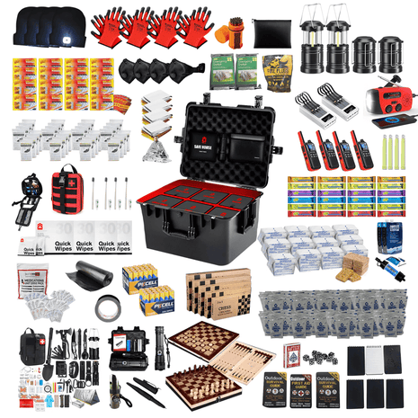 The Safe House - 72-Hour Emergency Essentials Kit contents including tools, food, and safety gear for emergencies.