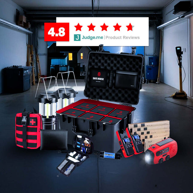 The Safe House - 72-Hour Emergency Essentials Kit with 4.8-star rating and various survival tools.