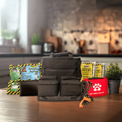 Emergency survival kit for pets featuring food, first aid, and supplies in a modern kitchen setting.