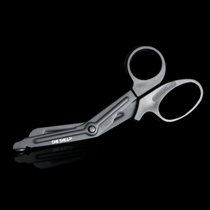 ONE SHEAR® lightweight medical scissors for EMT with a black non-stick coating and blunt tip.