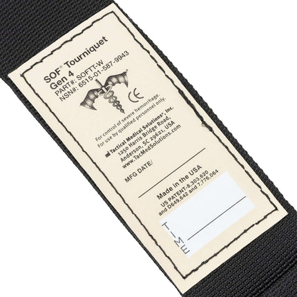 Label of the SOF Tourniquet Gen 5, featuring product details and manufacturing information.