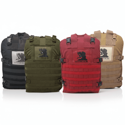 STOMP Medical Backpack in four colors: black, green, red, and tan, designed for emergency response.