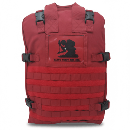 STOMP Medical Backpack in red color, featuring MOLLE webbing and tactical design for emergency response.