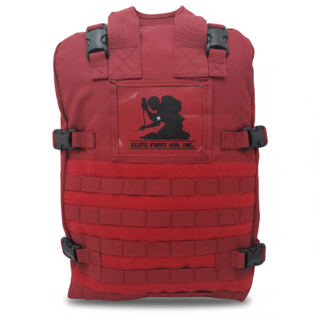 STOMP Medical Backpack in red color, featuring MOLLE webbing and tactical design for emergency response.