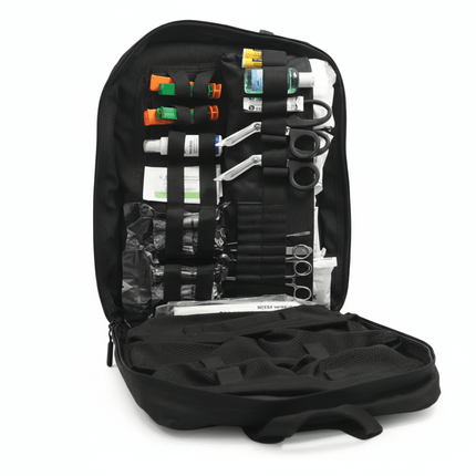 Inside view of the STOMP Medical Backpack, showcasing organized medical supplies and tools for emergency response.