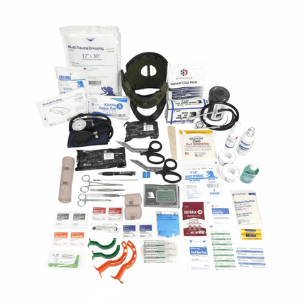 STOMP Medical Backpack contents including trauma supplies, bandages, and medical tools for emergency response.