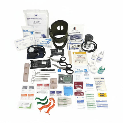 First aid kit with various medical supplies on a white background