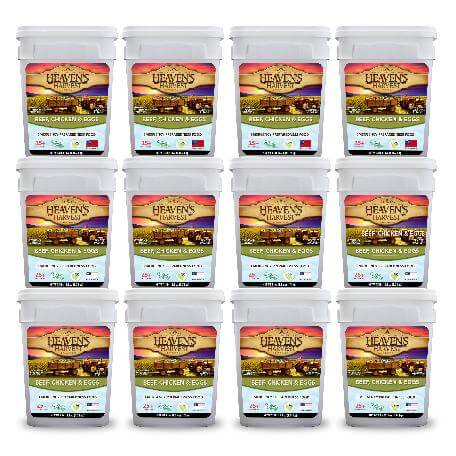 Emergency survival food kit featuring 12 protein buckets with beef, chicken, and eggs.