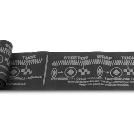 SWAT-T Tourniquet rolled up, featuring instructions for stretch, wrap, and tuck application.