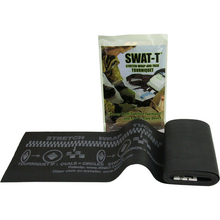 SWAT-T multipurpose latex-free tourniquet shown with packaging, designed for emergency trauma care.