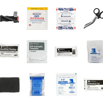 Tactical IFAK Pro w/TQ & Chest Seals contents including tourniquet, gauze, and bandages.