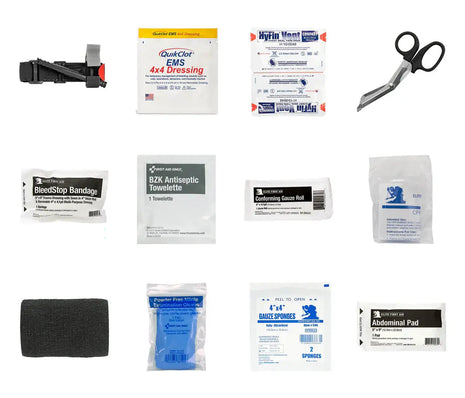 Tactical IFAK Pro w/TQ & Chest Seals contents including tourniquet, gauze, and bandages.