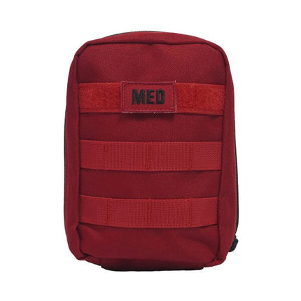 Compact red tactical first aid kit with MOLLE webbing, labeled 'MED' for easy identification in emergencies.