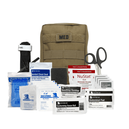 Tactical IFAK Advanced kit with hemostatic gauze, tourniquet, and chest seal laid out