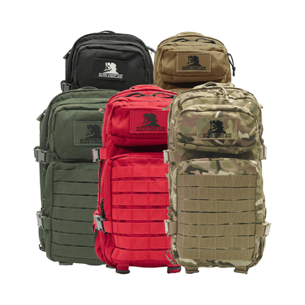 Tactical trauma & first aid backpack collection in black, green, red, and camo colors.