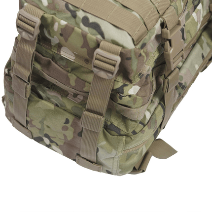 Tactical Trauma & First Aid Backpack w/Adv Bleeding Control in camouflage pattern with straps.