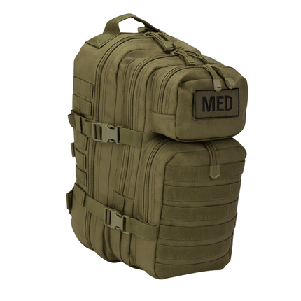 Tactical trauma & first aid backpack featuring multiple compartments and MOLLE webbing for emergency readiness.