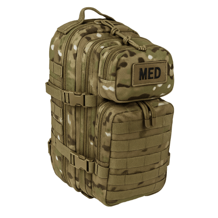 Tactical Trauma & First Aid Backpack w/Adv Bleeding Control in camo design, designed for emergency situations.
