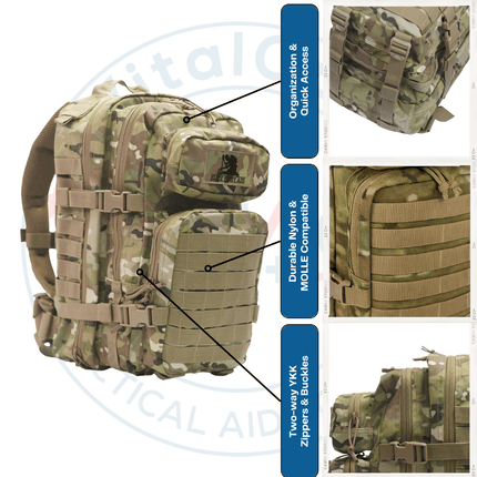 Tactical Trauma & First Aid Backpack w/Adv Bleeding Control features durable nylon and MOLLE compatibility for quick access.