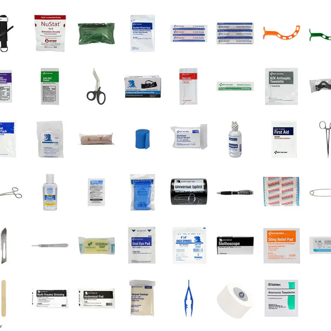 various medical supplies and tools for first aid and trauma, including scissors, bandages, and antiseptics in a tactical trauma backpack.