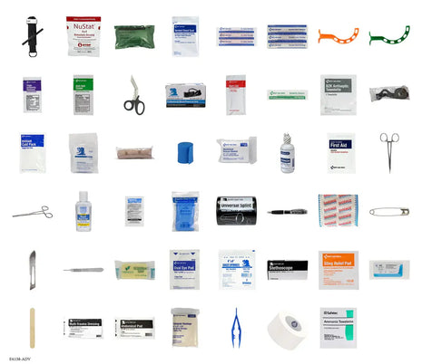 Collection of medical supplies and equipment in the tactical trauma & first aid backpack on a white background