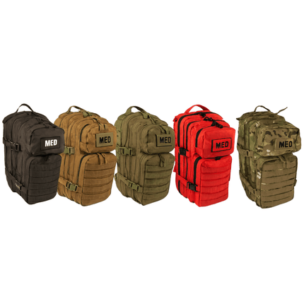 Collection of Tactical Trauma & First Aid Backpacks in various colors for emergency response.