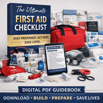 The Ultimate First Aid Kit featuring a red bag, medical supplies, and a checklist for emergency preparedness.