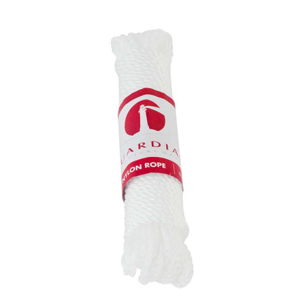 White nylon rope bundled neatly, featuring a red and white branded label, ideal for various outdoor activities.