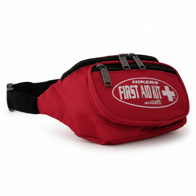 Red waist bag with 'Hikers First Aid Kit' label on a black background