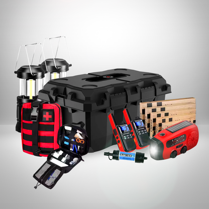 The Safe House - 72-Hour Emergency Essentials Kit including lanterns, first aid, tools, and a radio for emergencies.