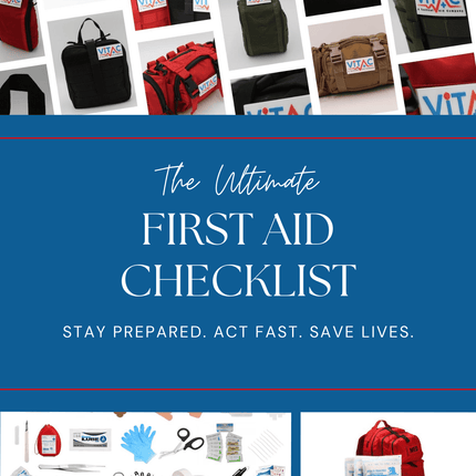 Cover of 'The Ultimate First Aid Checklist' by Vitac Solutions with images of bags and first aid supplies.