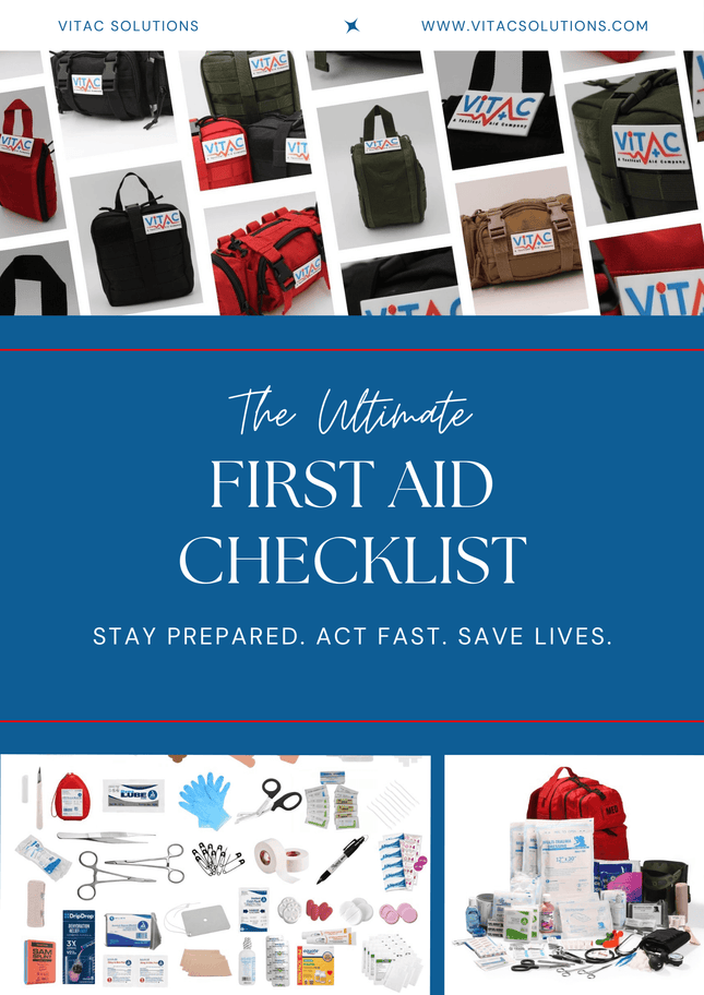 Cover of 'The Ultimate First Aid Checklist' by Vitac Solutions with images of bags and first aid supplies.