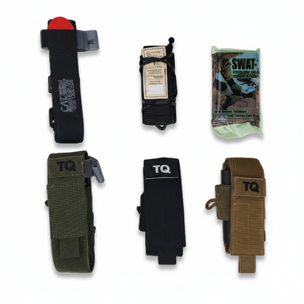 Collection of tactical pouches and gear on a white background