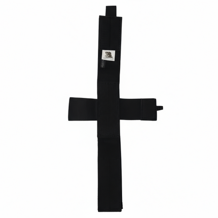 Black cross-shaped object with a logo on a transparent background