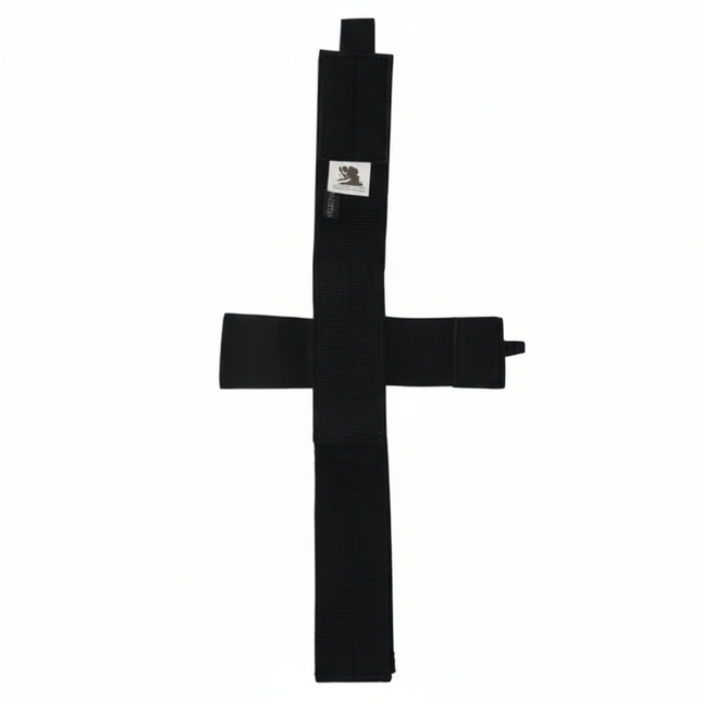 Black cross-shaped object with a logo on a transparent background