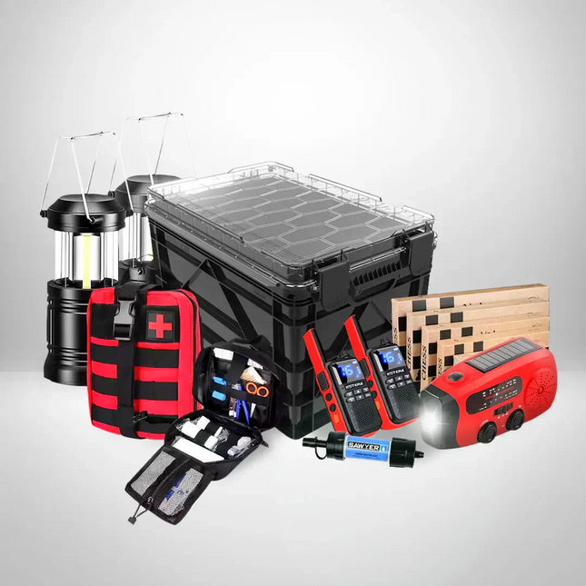 The Safe House - 72-Hour Emergency Essentials Kit contents including first aid, lanterns, tools, and emergency supplies.