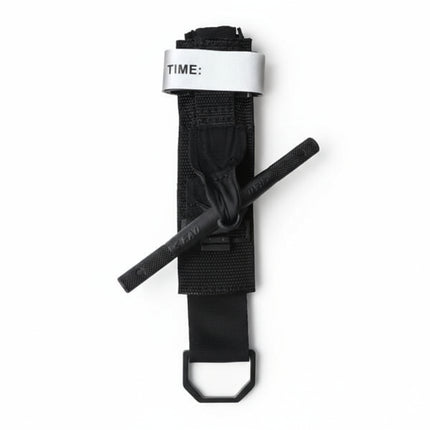 Black strap with a white label on a white background