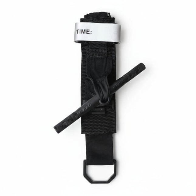 Black strap with a white label on a white background