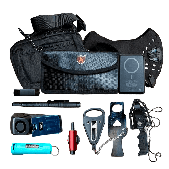 The Stay Safe Self Defense Kit featuring personal alarm, glass breaker, tactical pen, power bank, and more.